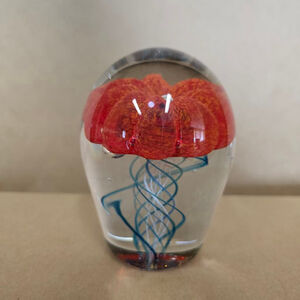 Oregon CoastGlass Jellyfish Art Glass Paperweight Red Blue Ocean Sculpture 4"